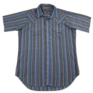 Vintage Western Two Pocket Pearl Snap Rainbow Striped Western Shirt Size Large